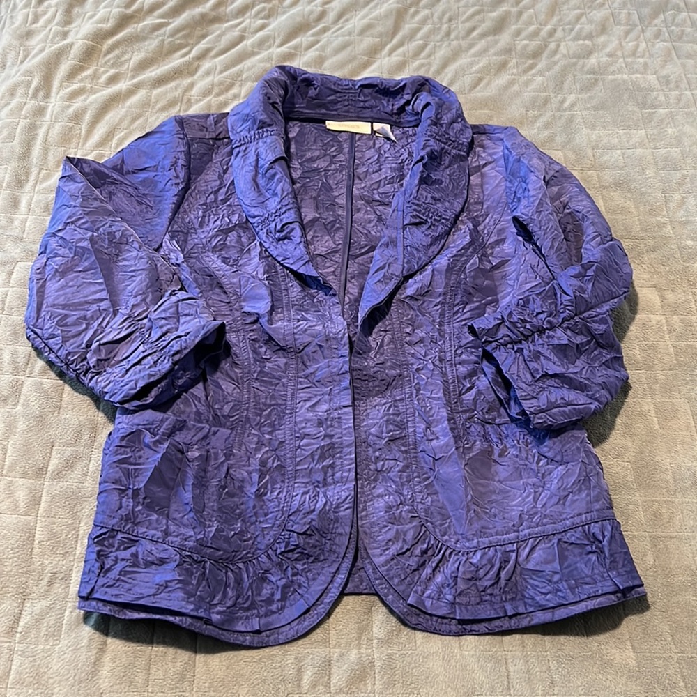 Chico's Purple Blazer Jacket, Crinkled, Ruffled, Quarter Sleeves, Size 0 (Small)
